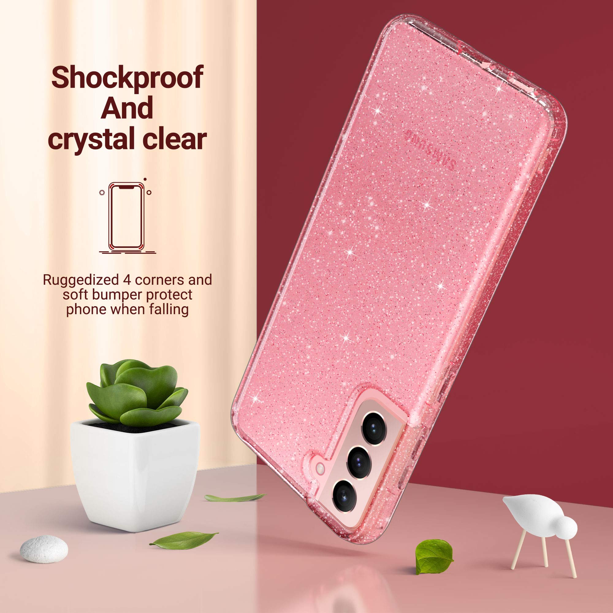 Galaxy S21 5G ピンク ケースと保護ガラス付き Amazon.com: ULAK Galaxy S21 Case, Clear Glitter Case Sparkly